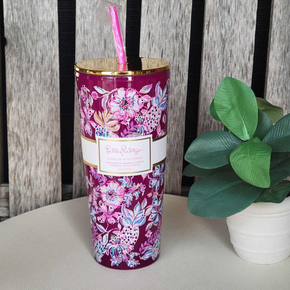 Lilly Pulitzer Amarena Cherry Floral Tumbler with Straw
